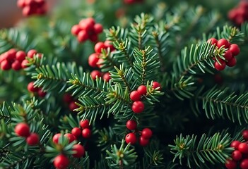 close up of a pine tree with red berries