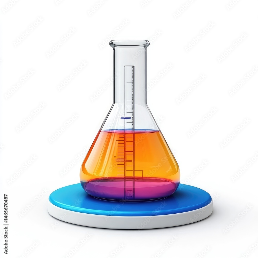 Poster transparent flask with colored liquid and graduated scale.