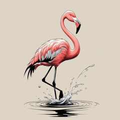 Pink flamingo wading in water splash