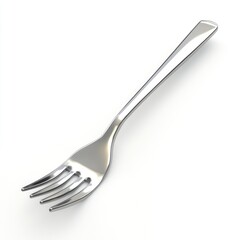 A chrome-plated eating fork is presented in a studio setting.