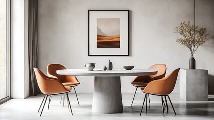 Modern dining area with a framed piece of art.