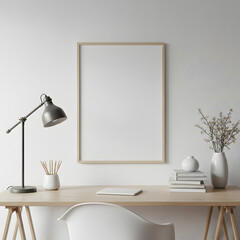 Modern Minimalist Home Office Desk Setup with Blank Frame Mockup  Perfect for Artwork, Prints, or Photography