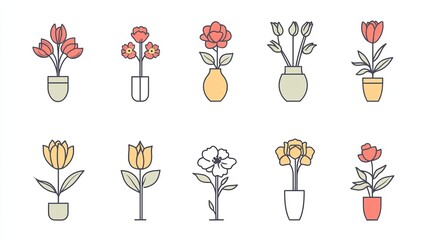 Flower in vase icons set in pastel colors on a white background, simple line art, flat design