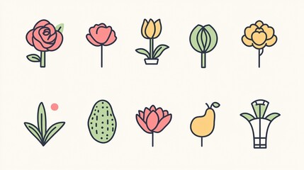 Minimal line vector icons of flowers, tulips, and fruits in pastel colors on a white background