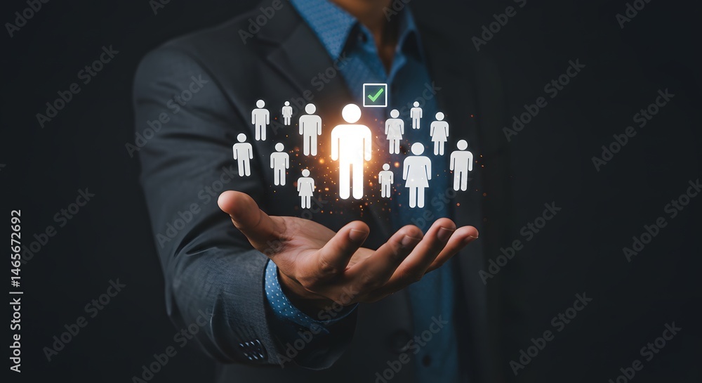 Poster a man holding a group of stick figure people with one highlighted and a check mark above it