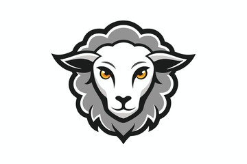A sheep face with golden eyes is colored in white, gray and black