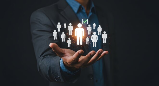 A man holding a group of stick figure people with one highlighted and a check mark above it