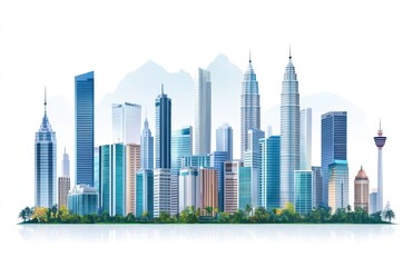 Fototapeta premium Modern cityscape panorama, tall buildings, skyscrapers, urban landscape, city skyline, modern architecture, business district, lush greenery, reflection, mountain backdrop