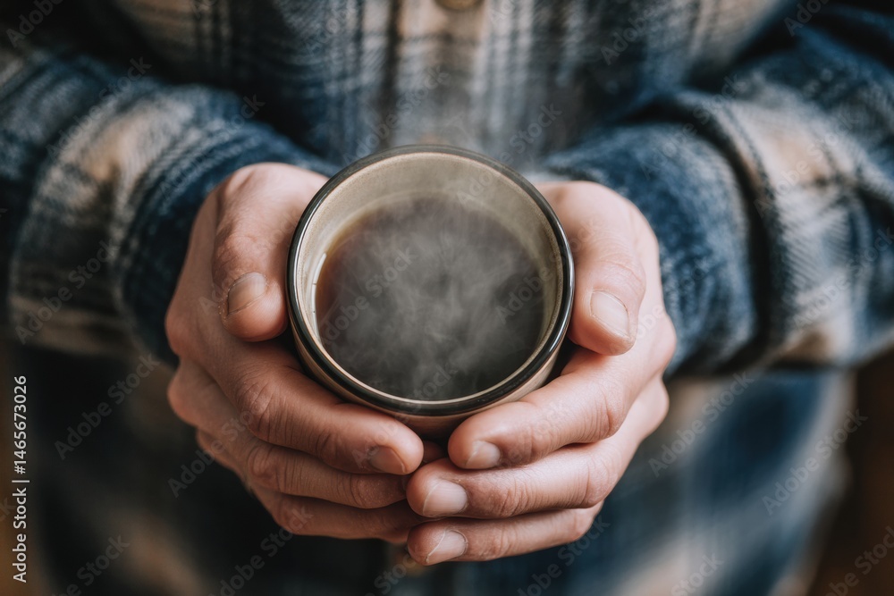 Aufkleber hands gently cradle a steaming cup of coffee on warm flannel fabric in a cozy indoor setting during 