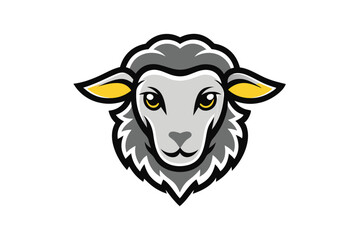 Cartoon sheep with gray wool and yellow ears stares forward confidently in vector