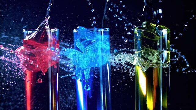 Ultra-high-definition slow-motion shot. Three crystal-clear glass cups are lined up side by side, each filled with a different vividly colored liquid (red, blue, yellow).