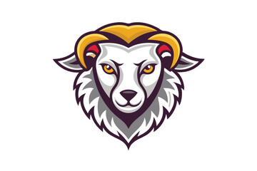 Detailed ram head features curved golden horns and intense yellow eyes looking forward confidently