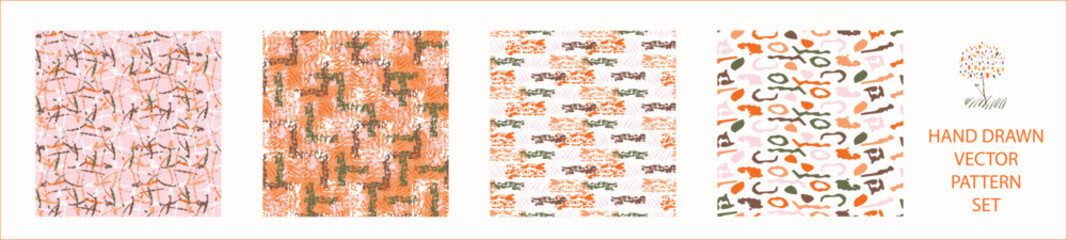 Set of whimsical modern abstract shape seamless pattern. Trendy pastel color hand drawn playful style for wallpaper collection, backdrops and summer texture. Fashion and home decor all over print.