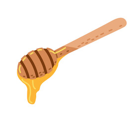 Honey drips from a wooden dipper held in a kitchen, showcasing rich golden color and texture
