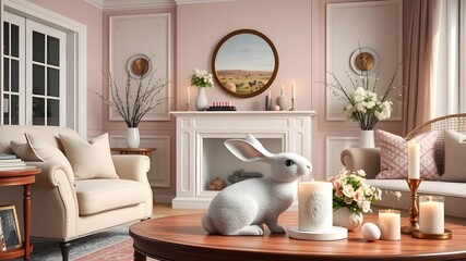 white rabbit in living room with flowers