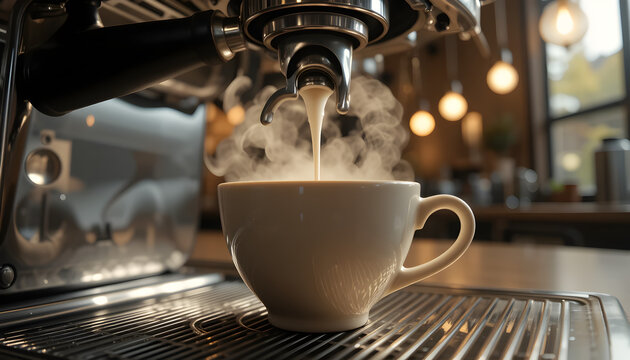 Kopi espresso panas dibuat oleh barista menggunakan mesin kopi moderen 