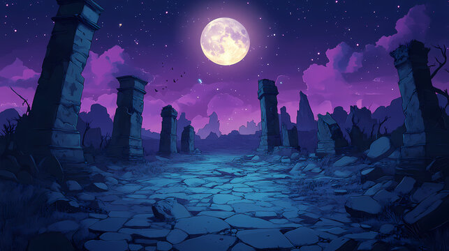 Ancient stone ruins under full moon with a crumbled road and dark sky in fantasy land. [Celestial Ruins] | Collapsed Stars | imploded core. Illustration