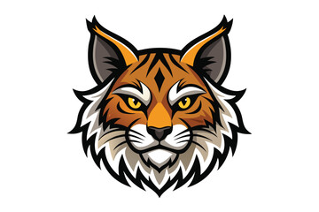 Detailed bobcat head displaying orange fur with black stripes and piercing yellow eyes