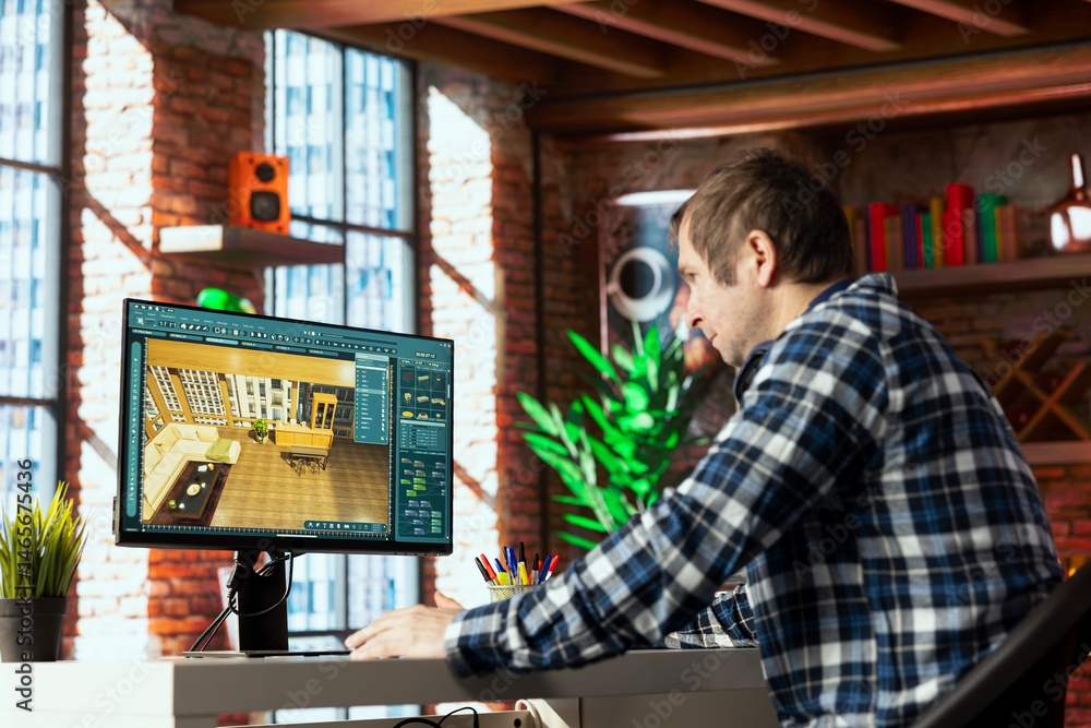 Aufkleber architect using virtual home interior design software to help visualize changes to designs. man usin