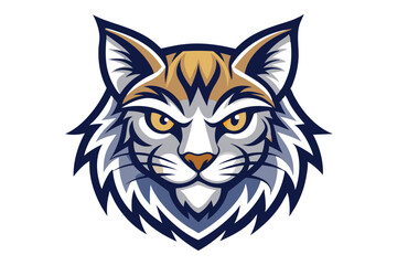 Detailed bobcat face shows golden eyes and blue shading on the white background