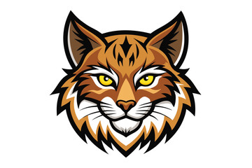 Front view of an illustrated orange bobcat head with piercing yellow eyes is displayed