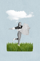 Sketch image trend artwork montage 3D photo collage of young lady walk green grass hold plastic day...