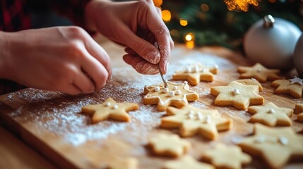 Festive cookies decorated by hands close-up.