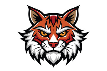 Angry bobcat head displays orange fur, white underbelly, and sharp yellow eyes intensely