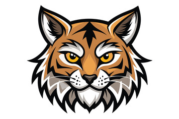 Striking tiger head has orange fur and intense yellow eyes staring directly forward on pure white