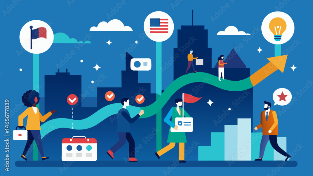 Poster a dynamic timeline charting the key moments and turning points in the election race.. vector illustr
