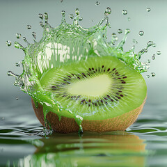 Fresh green kiwi fruit slice in clear water shows its juicy and healthy nature