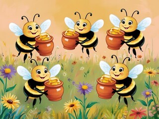 Naklejka premium A cheerful illustration of cartoon bees gathering honey in a blooming meadow, with colorful flowers and pots of golden honey. Perfect for projects related to nature, bees, honey and children's content