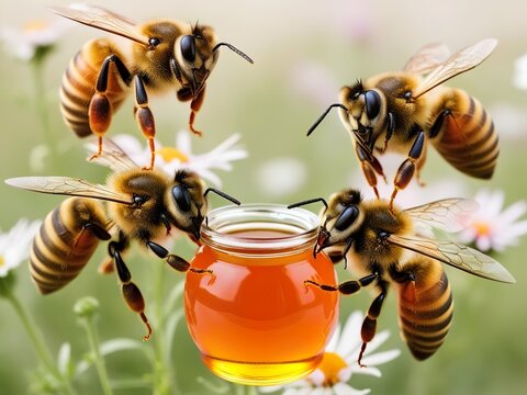 Close-up of four honey bees buzzing around a jar filled with golden honey, surrounded by fresh daisies in a lush meadow. Ideal for concepts on pollination, nature, sustainability, and honey production