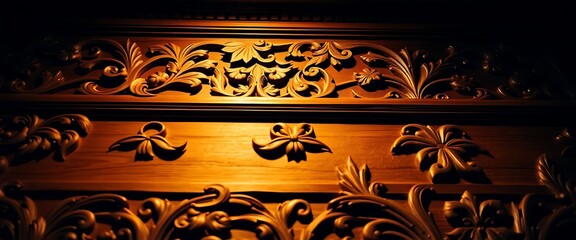 close up of a wood carving with a light shining on it