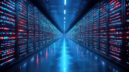 Obraz premium Server Room Data Center with Blue Lights and Data Storage Racks