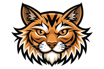 Cartoon bobcat head gazes intensely with its orange fur and distinctive black stripes