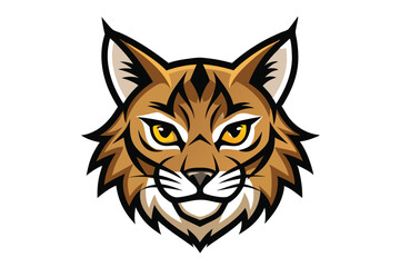 A fierce mascot head shows a tan and brown bobcat with golden eyes