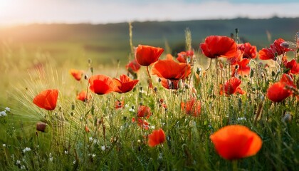 blooming poppies with bold red petals in lush green grass wild poppies flowers vibrant spring countryside landscapes natural summer floral background