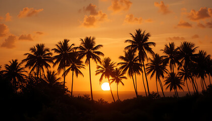 Sunset behind coconut palm trees creates a serene tropical atmosphere on a calm evening