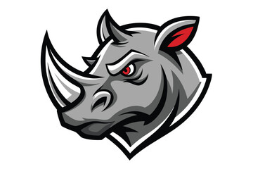 Gray rhino mascot with intense red eyes stares forward on a clean white background