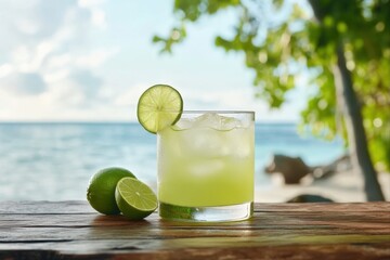 Refreshing lime drink with ice on a wooden table near the sea for summer, vacation, and beverage promotions