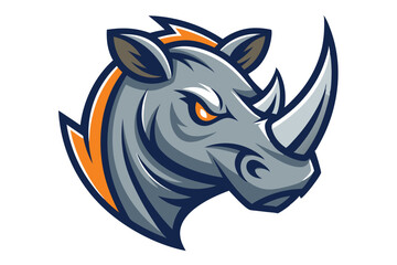 Fierce grey rhino with glowing orange eyes displays strength and power through striking features