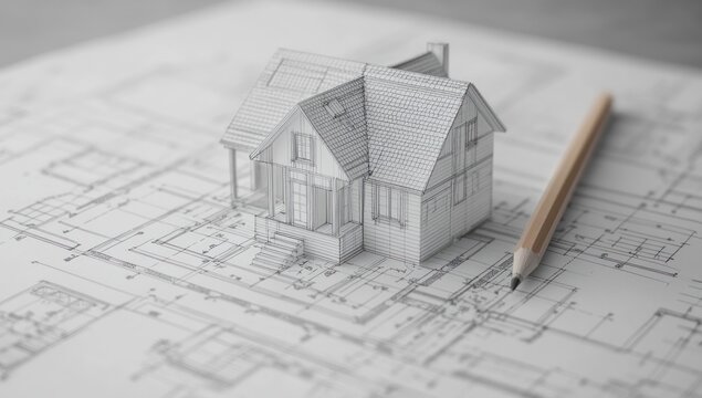 Small model house sits on architectural blueprints with pencil