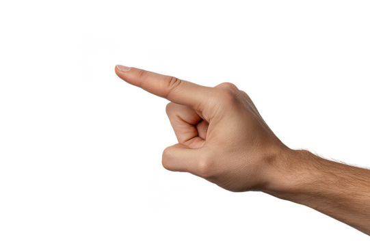Expression of direction through a pointed hand gesture highlighting focus and clarity amidst an isolated backdrop