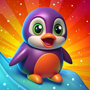cute 3d purple penguin sliding on ice