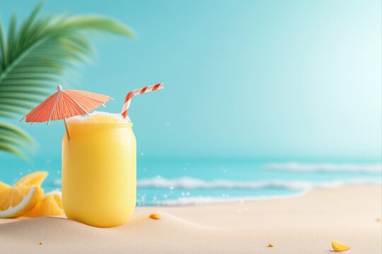 Refreshing yellow smoothie with umbrella on beach for summer promotions, menu design, and social media marketing