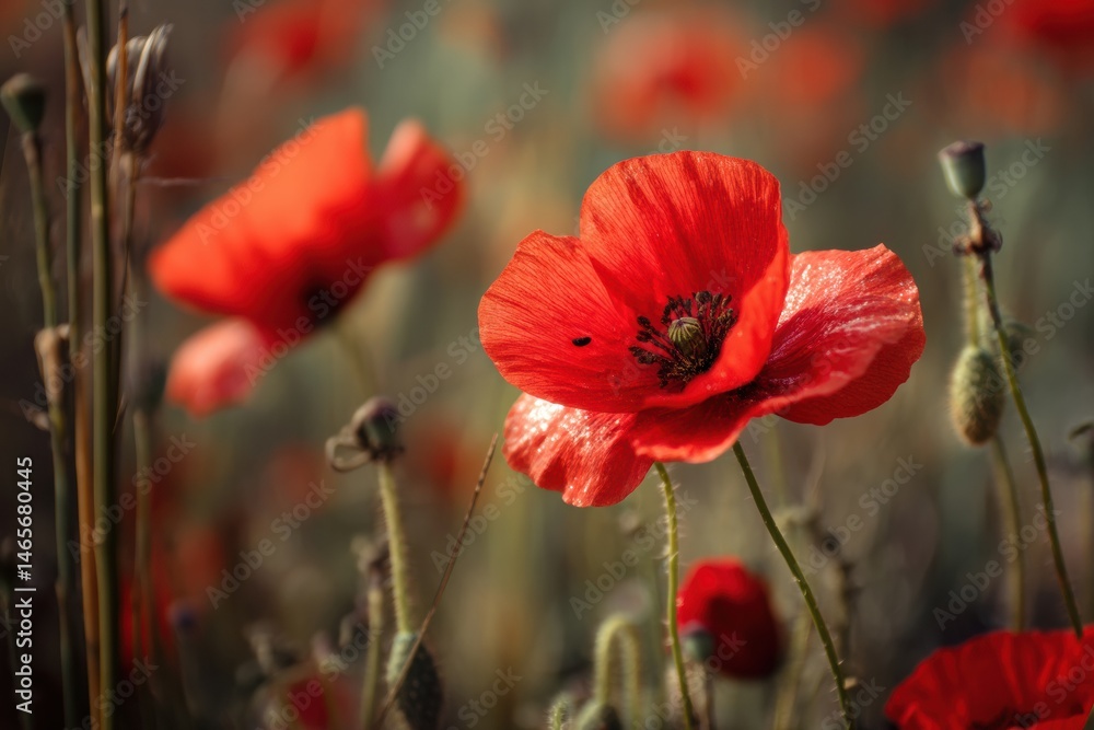 Poster Bright Poppy Field With a Focused Insect Amidst Blurred Flowers Creating a Serene Nature Setting Generative AI