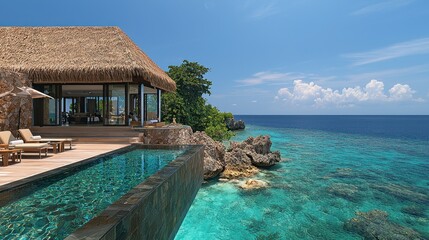 Fototapeta premium Villa over blue ocean waters, tropical setting