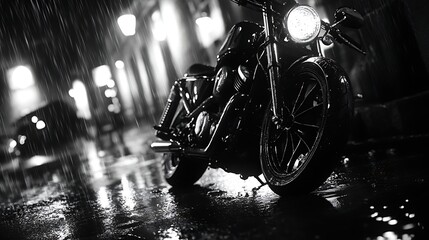 Stylish motorcycle parked in a rainy city street at night.