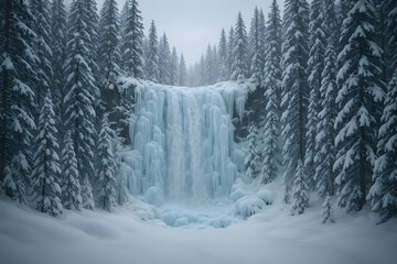 Frozen Waterfall in a Snowy Coniferous Forest Winter Wonderland Photography